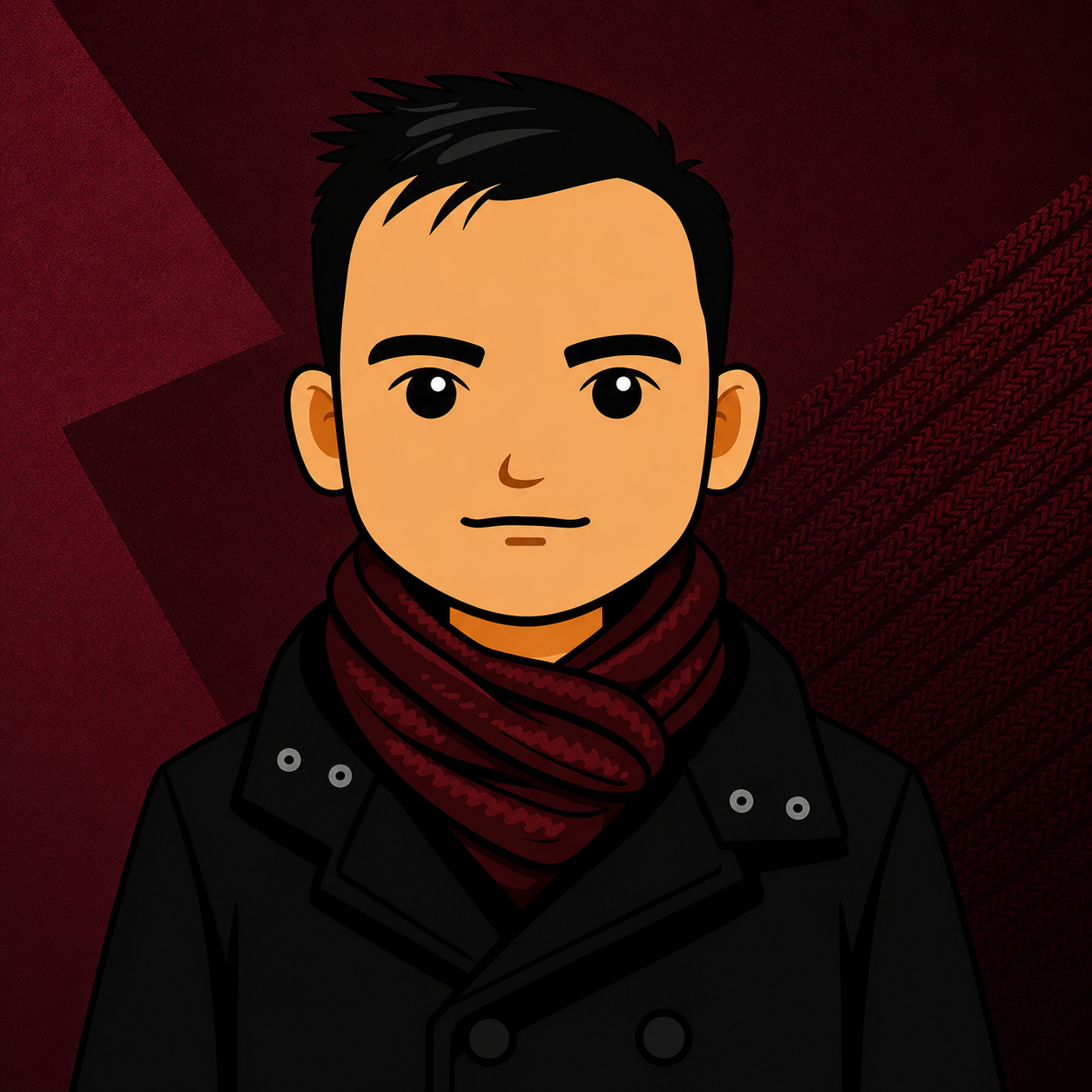 Illustrated portrait of Joshua Manlunas wearing a dark coat and burgundy scarf